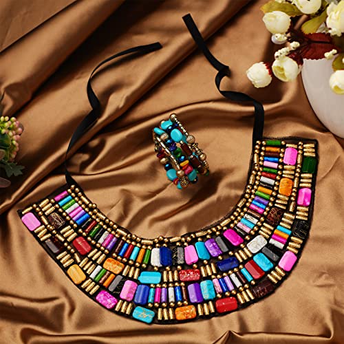 Bonuci 2 Pcs African Jewelry for Women African Chunky Choker Necklace Multicolour Bohemian Beads Jewelry Sets Rainbow Chunky Layered Beaded Bib Necklace for Women - Image 2