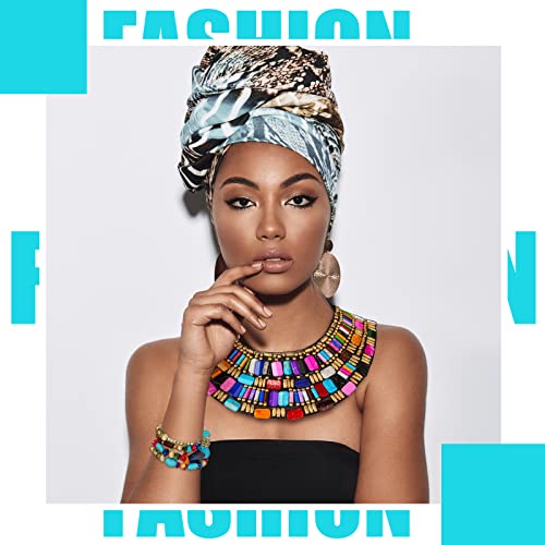 Bonuci 2 Pcs African Jewelry for Women African Chunky Choker Necklace Multicolour Bohemian Beads Jewelry Sets Rainbow Chunky Layered Beaded Bib Necklace for Women - Image 4