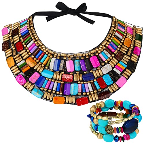Bonuci 2 Pcs African Jewelry for Women African Chunky Choker Necklace Multicolour Bohemian Beads Jewelry Sets Rainbow Chunky Layered Beaded Bib Necklace for Women - Image 1