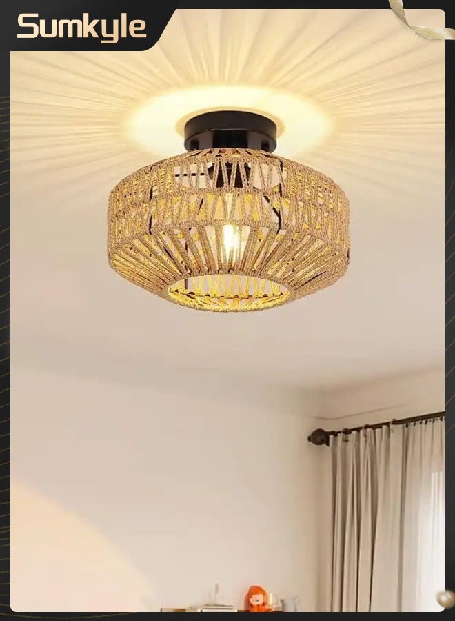 Sumkyle Rattan Light Fixtures Ceiling Mount Boho Ceiling Light Fixture With Dimmable Led Bulb Mini Hand Woven Rattan Chandelier Light Fixtures Ceiling For Bedroom Kitchen Entryway Living Room Hallway - Image 1