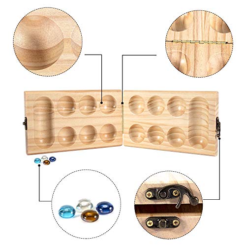 AMEROUS Wooden Mancala Board Game Set - Folding Board - Multi Color Glass Stones - Gift Package - Mancala Instructions, Portable Travel Board Game for Kids and Adults - Image 3
