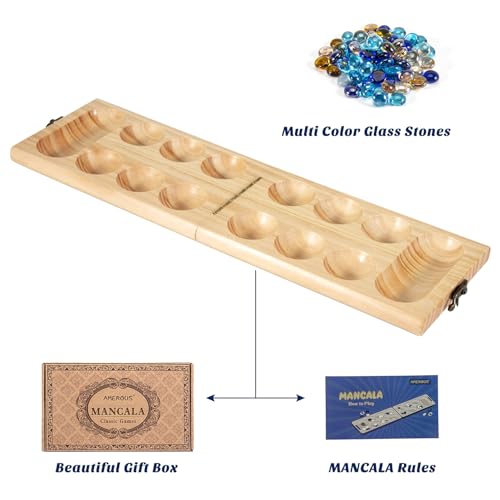 AMEROUS Wooden Mancala Board Game Set - Folding Board - Multi Color Glass Stones - Gift Package - Mancala Instructions, Portable Travel Board Game for Kids and Adults - Image 4