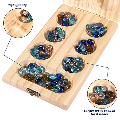 AMEROUS Wooden Mancala Board Game Set - Folding Board - Multi Color Glass Stones - Gift Package - Mancala Instructions, Portable Travel Board Game for Kids and Adults - Image 2