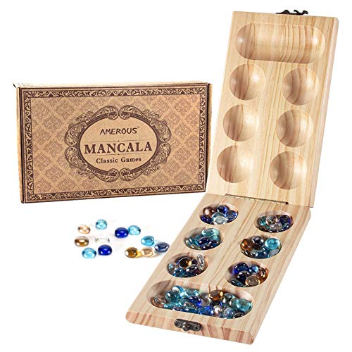 AMEROUS Wooden Mancala Board Game Set - Folding Board - Multi Color Glass Stones - Gift Package - Mancala Instructions, Portable Travel Board Game for Kids and Adults - Image 1