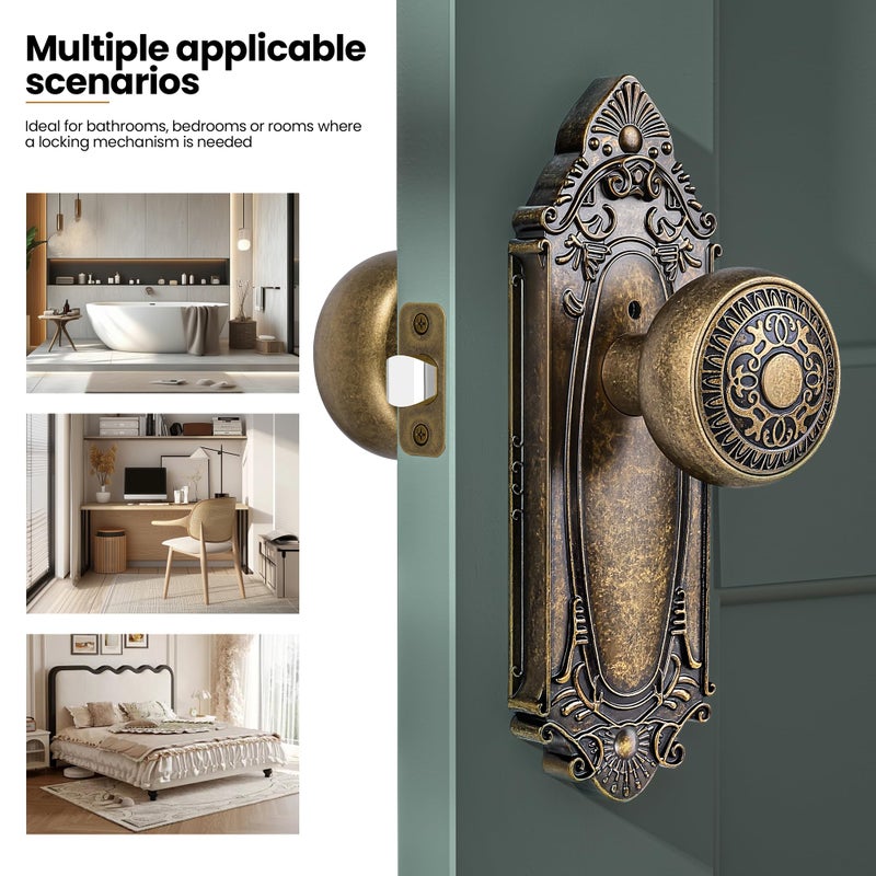 CEYMIO Antique Brass Door Knob Privacy Bedroom Bathroom with Lock, Vintage Interior Door Handle with Plate for Hallway, Closet, Farmhouse Style(1 Pack) - Image 3