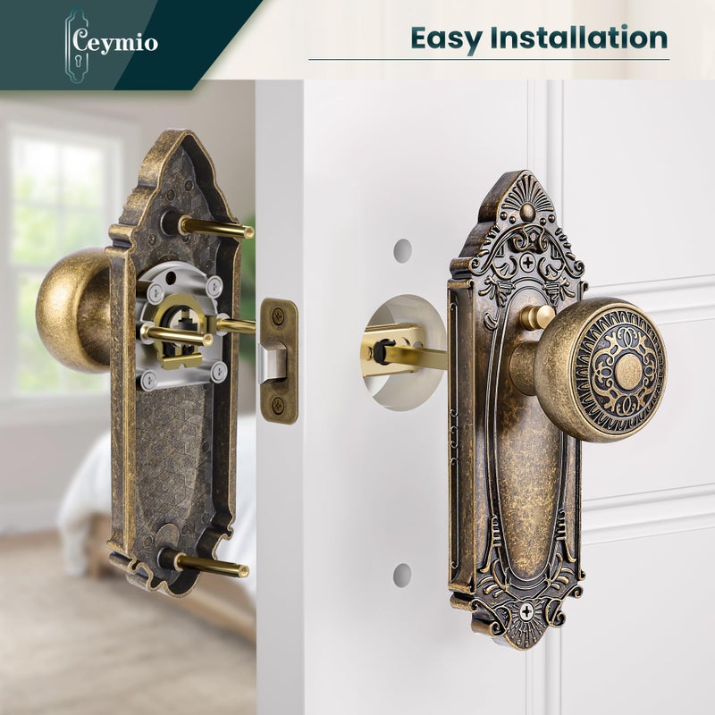 CEYMIO Antique Brass Door Knob Privacy Bedroom Bathroom with Lock, Vintage Interior Door Handle with Plate for Hallway, Closet, Farmhouse Style(1 Pack) - Image 5