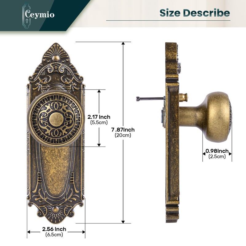 CEYMIO Antique Brass Door Knob Privacy Bedroom Bathroom with Lock, Vintage Interior Door Handle with Plate for Hallway, Closet, Farmhouse Style(1 Pack) - Image 4