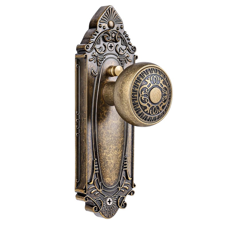 CEYMIO Antique Brass Door Knob Privacy Bedroom Bathroom with Lock, Vintage Interior Door Handle with Plate for Hallway, Closet, Farmhouse Style(1 Pack) - Image 1