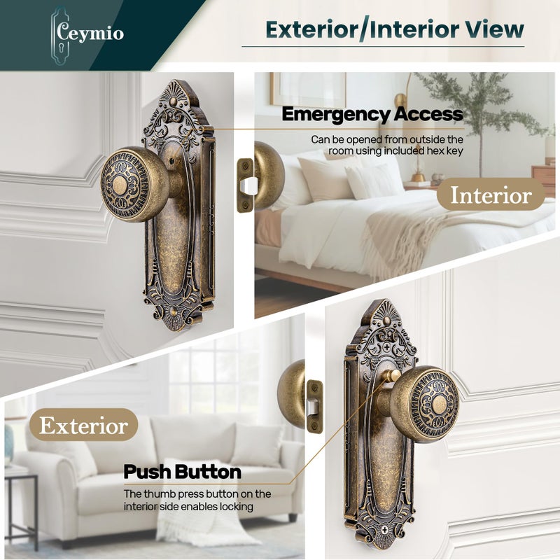 CEYMIO Antique Brass Door Knob Privacy Bedroom Bathroom with Lock, Vintage Interior Door Handle with Plate for Hallway, Closet, Farmhouse Style(1 Pack) - Image 2