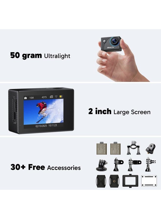 Dragon Touch 4K Action Camera 20MP Vision 3 Underwater Waterproof Camera 170° Wide Angle WiFi Sports Cam with Remote 2 Batteries and Mounting Accessories Kit - Image 4