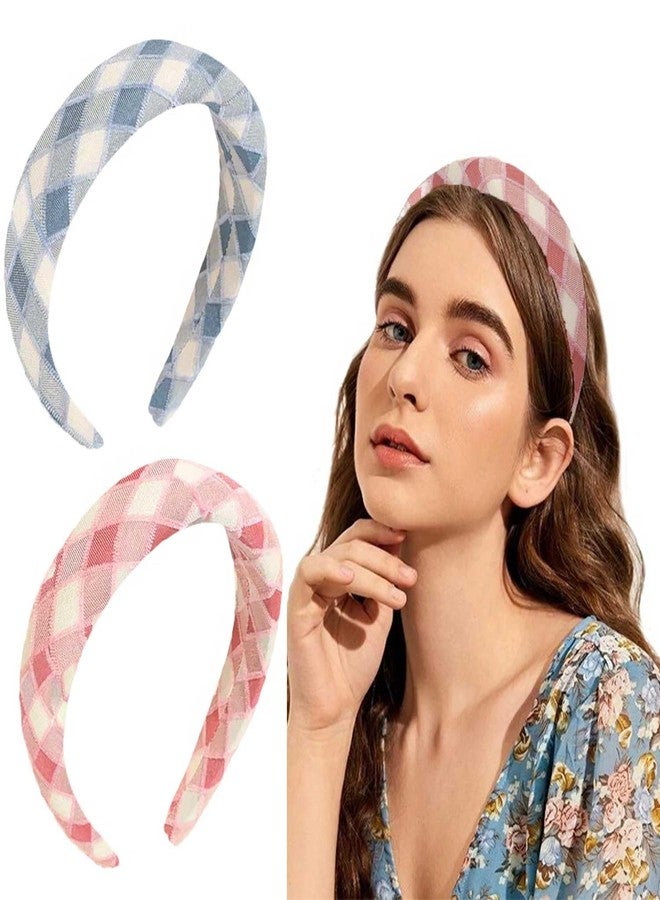 LYKAA 2 Pcs Padded Wide Headband Stylish Fashionable wear for Girl Puffy Sponge Thick Hair Check & Printed Vintage hair accessories for Girls & Women's Function & Birthday Party (PINK+BLUE) - Image 1