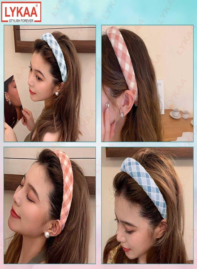 LYKAA 2 Pcs Padded Wide Headband Stylish Fashionable wear for Girl Puffy Sponge Thick Hair Check & Printed Vintage hair accessories for Girls & Women's Function & Birthday Party (PINK+BLUE) - Image 4