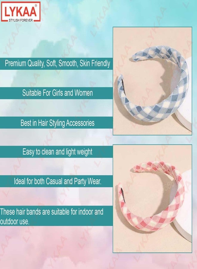 LYKAA 2 Pcs Padded Wide Headband Stylish Fashionable wear for Girl Puffy Sponge Thick Hair Check & Printed Vintage hair accessories for Girls & Women's Function & Birthday Party (PINK+BLUE) - Image 3