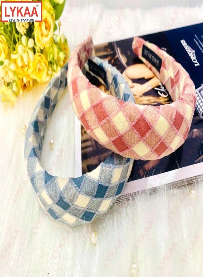 LYKAA 2 Pcs Padded Wide Headband Stylish Fashionable wear for Girl Puffy Sponge Thick Hair Check & Printed Vintage hair accessories for Girls & Women's Function & Birthday Party (PINK+BLUE) - Image 5