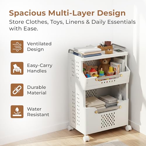 Home Essentials HomeEssentials Multipurpose Multi-Layer Foldable Rolling Laundry & Storage Basket – Collapsible Organizer with Wheels for Clothes, Toys, Towels & Home Storage - Image 3