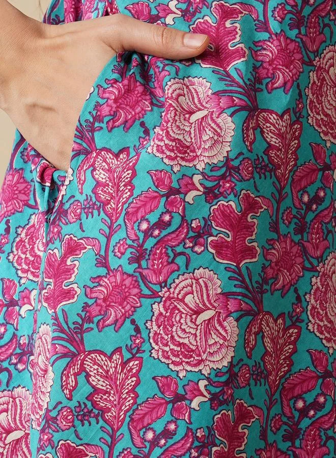 globus Globus Floral Print V-Neck Sleeveless Cotton A-Line Kurta with Trousers Co-Ords