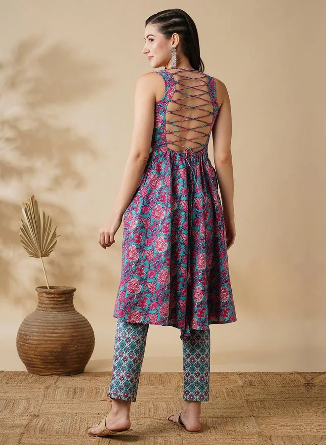 globus Globus Floral Print V-Neck Sleeveless Cotton A-Line Kurta with Trousers Co-Ords