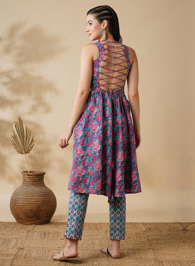 Globus Floral Print V-Neck Sleeveless Cotton A-Line Kurta with Trousers Co-Ords - Image 3