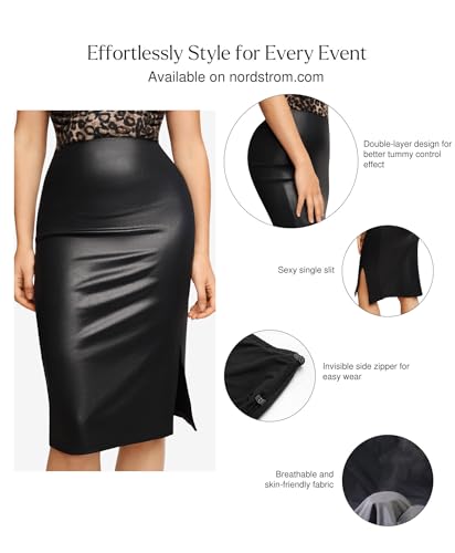 Popilush Shapewear Faux Leather Skirts with Built in Shapewear Tummy Control High Waist Midi Skirt with Shaper for Women Black - Image 4