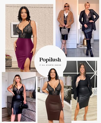 Popilush Shapewear Faux Leather Skirts with Built in Shapewear Tummy Control High Waist Midi Skirt with Shaper for Women Black - Image 2