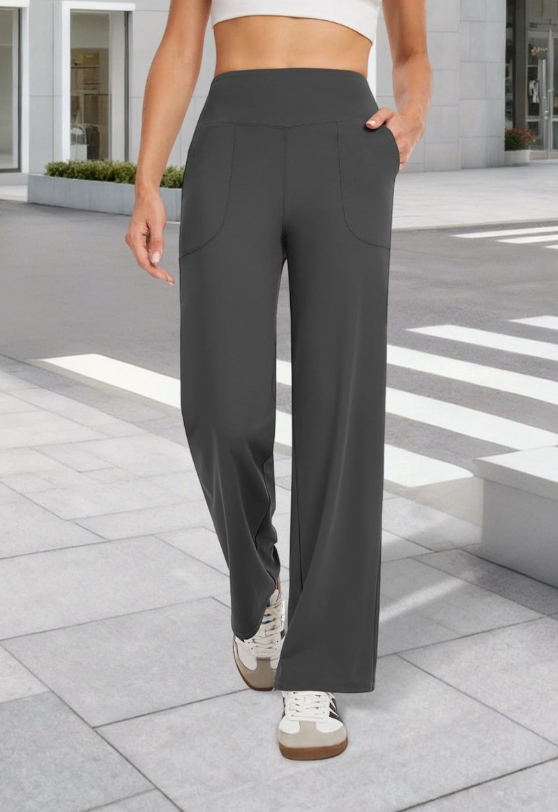COPYLEAF Wide Leg Pants Woman High Waist Yoga Pants with Pockets Loose Stretch Dress Work Sweatpants Casual Lounge(Dark Grey XXL) - Image 2