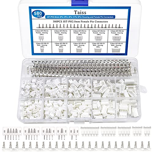 Taiss 580PCS JST PH Connector kit 2.0mm 2/3/4/5/6Pin Housing,Female and Male Adapter Cable Connector Plug,PH2.0mm Female Pin Connectors,JST Connector F-066-580PCS - Image 1