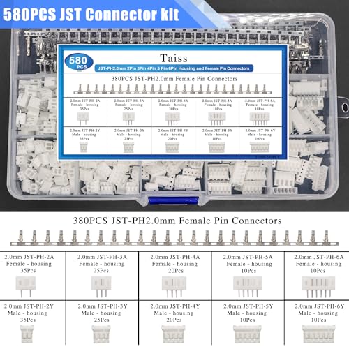 Taiss 580PCS JST PH Connector kit 2.0mm 2/3/4/5/6Pin Housing,Female and Male Adapter Cable Connector Plug,PH2.0mm Female Pin Connectors,JST Connector F-066-580PCS - Image 3