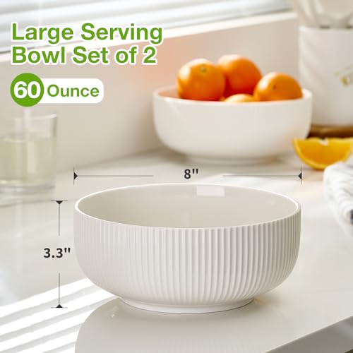 Mfacoy 2 Pack Salad Bowl, 8 inch 60 oz Large Serving Bowl Set, Deep Bowl for Kitchen, White Ceramic Bowl Set for Soup, Cereal, Ramen, Pasta, Salad, Dishwasher & Microwave Safe, Easy Clean - Image 3