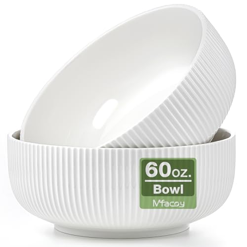Mfacoy 2 Pack Salad Bowl, 8 inch 60 oz Large Serving Bowl Set, Deep Bowl for Kitchen, White Ceramic Bowl Set for Soup, Cereal, Ramen, Pasta, Salad, Dishwasher & Microwave Safe, Easy Clean - Image 1