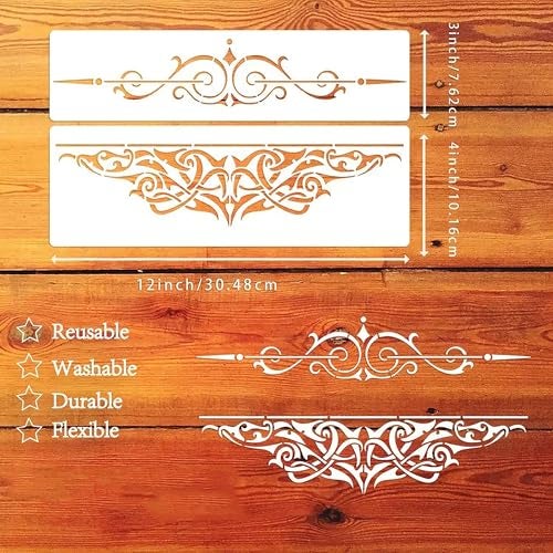 Cliths 3 Pcs Victorian Style Border Stencils for Wall Painting, Furniture, Wood, DIY Crafts Reusable Plastic Templates for Art, Fabric, Canvas, Cabinet & Home Decor - Image 2