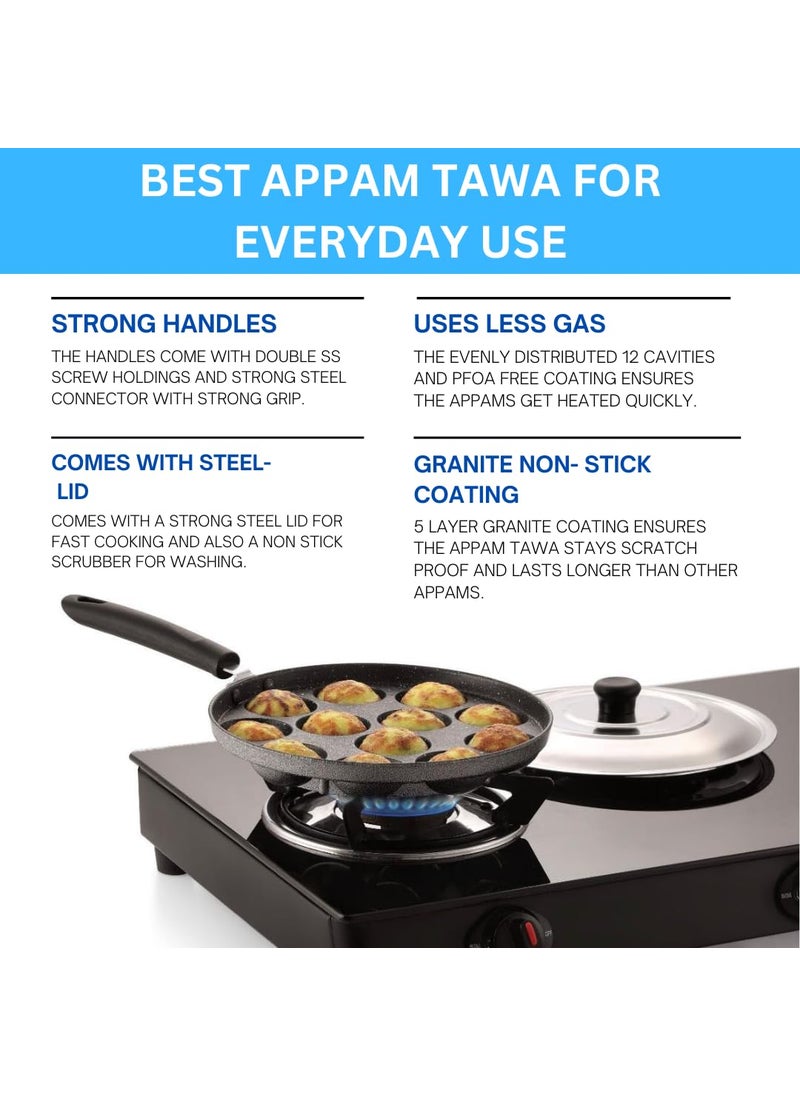 Champion - Champion Non-Stick 12 Cavity Appam Patra Single Handle with Stainless Steel Lid - Image 1