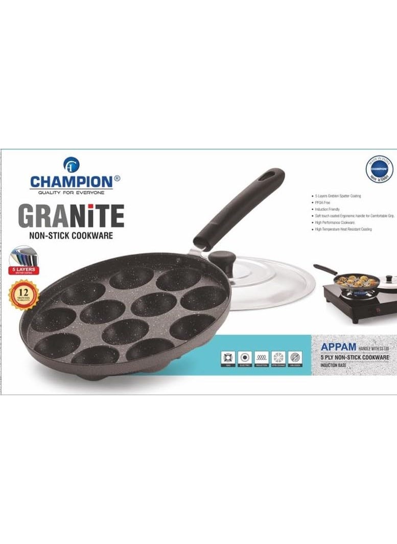 Champion - Champion Non-Stick 12 Cavity Appam Patra Single Handle with Stainless Steel Lid - Image 1