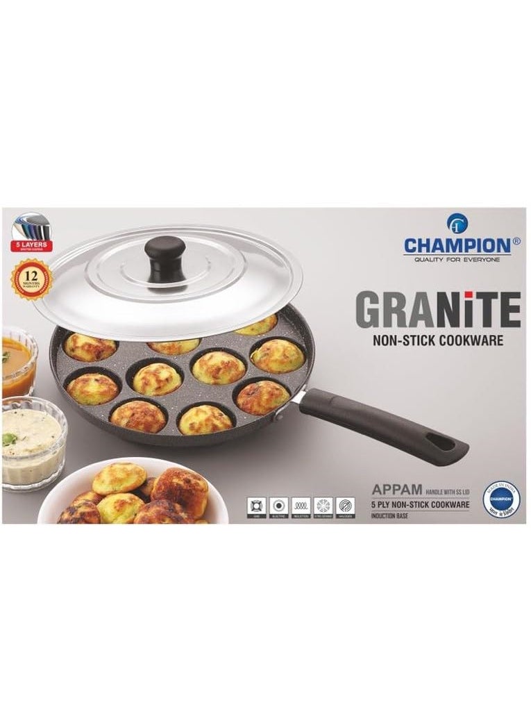 Champion - Champion Non-Stick 12 Cavity Appam Patra Single Handle with Stainless Steel Lid - Image 1