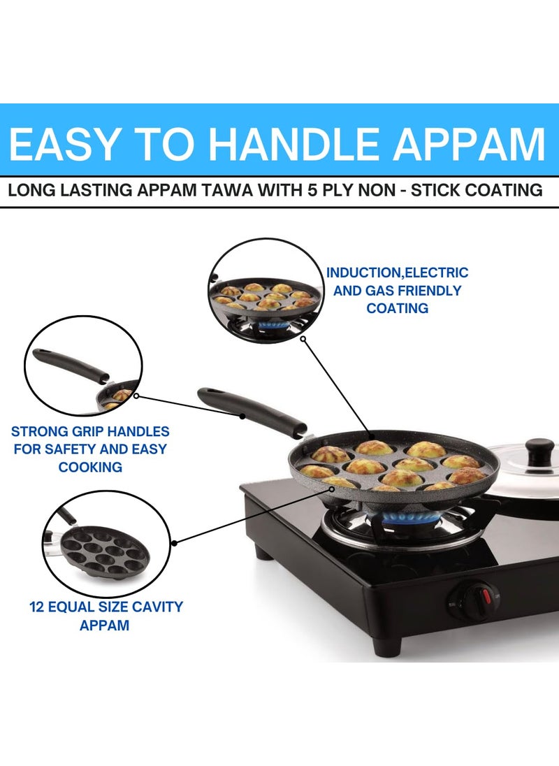 Champion - Champion Non-Stick 12 Cavity Appam Patra Single Handle with Stainless Steel Lid - Image 1