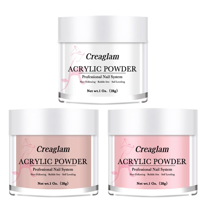 Creaglam Super Nail Acrylic Powder: 3 Pcs 28g Cover Pink Polymer for 3D Art Carving French Extension - Clear Dark Pink Professional - No Need Lamp - Image 1