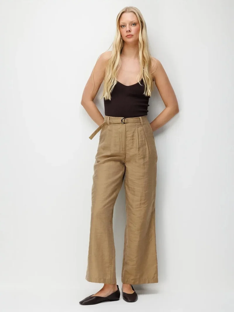 Mixray Tan Natural MIXRAY High Waist Textured Wide Leg Belted Pants for Women | Best Price UAE