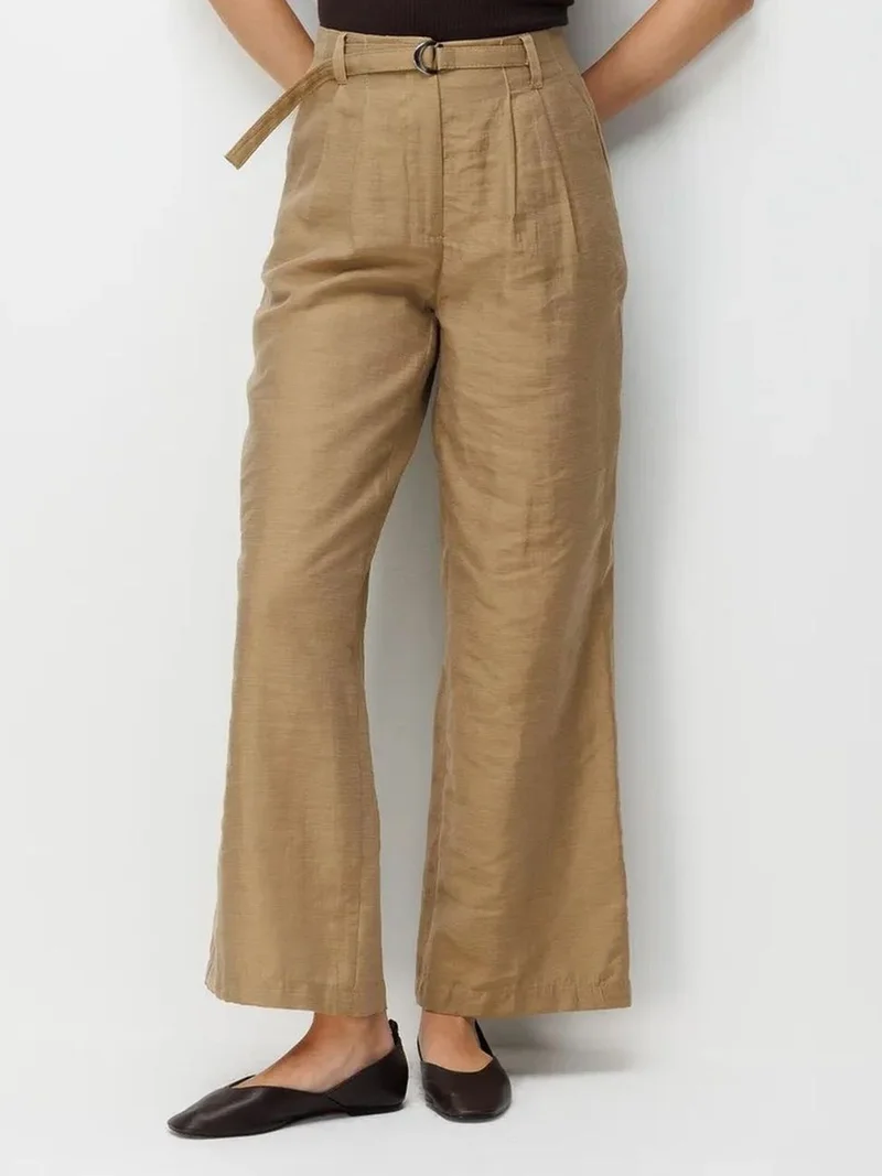 ميكسراي MIXRAY High Waist Textured Wide Leg Belted Pants