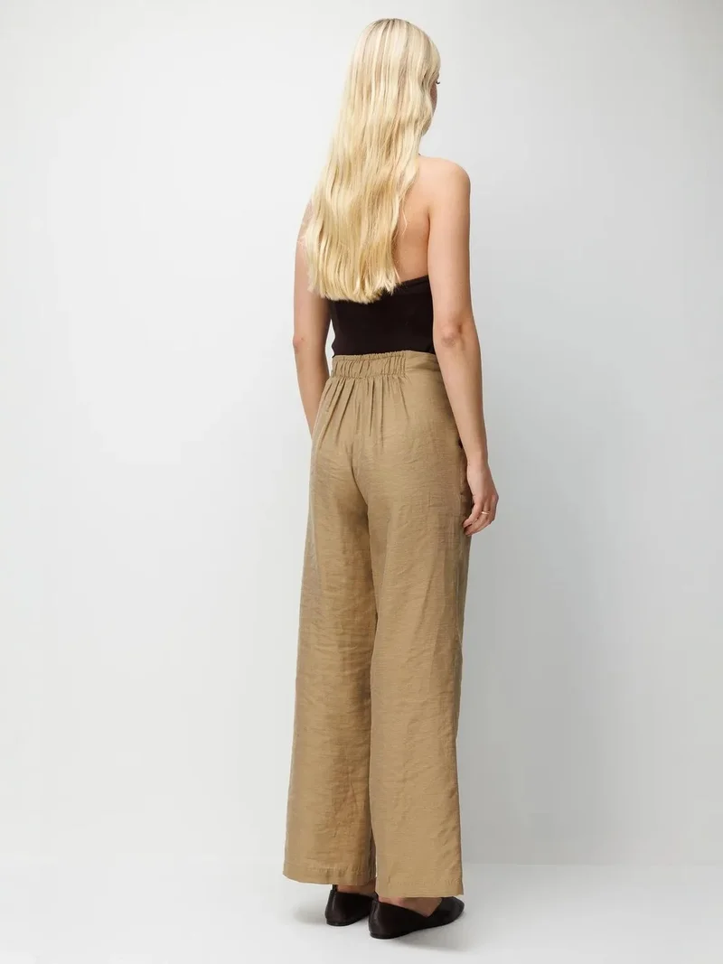 Mixray Tan Natural MIXRAY High Waist Textured Wide Leg Belted Pants for Women | Best Price UAE