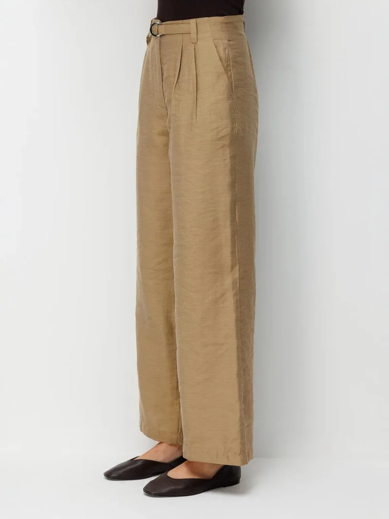 Mixray Tan Natural MIXRAY High Waist Textured Wide Leg Belted Pants for Women | Best Price UAE