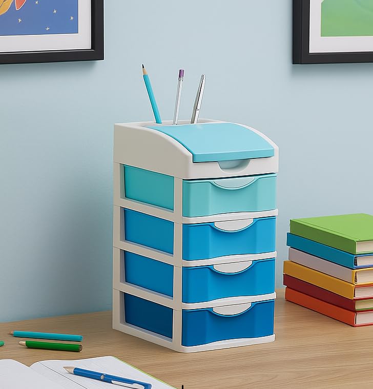 Nabhya Small Size Desktop Cosmetic & Make-up Organizers Drawer MulitPurpose Drawer Rack Organizers (Blue, 4 Layer) - Image 1