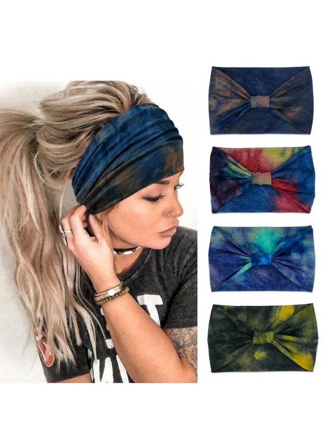 YONUF Wide Headbands For Women Knotted Headband African Womens Head Wraps Stretchy Hair Accessories Bands Tie Dye 4 Pack - Image 1