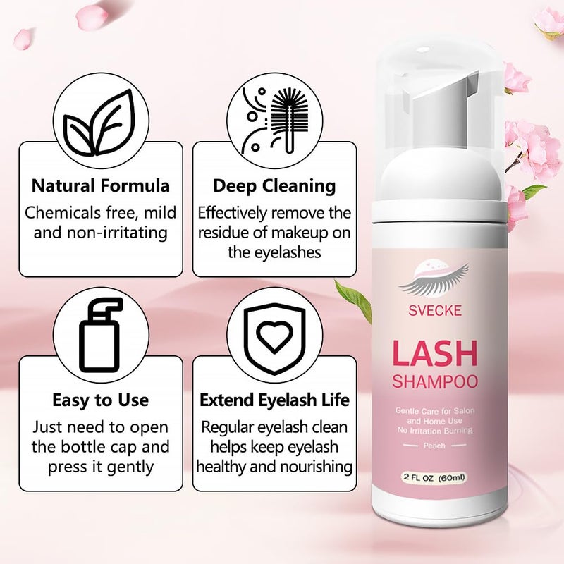 SVECKE Lash Shampoo Kit Eyelash Extension Cleanser, Eyelash Shampoo for Lash Extensions, Lash Cleaner Eyelid Foam Cleaning Kit for Salon Home Use (Peach) - Image 2
