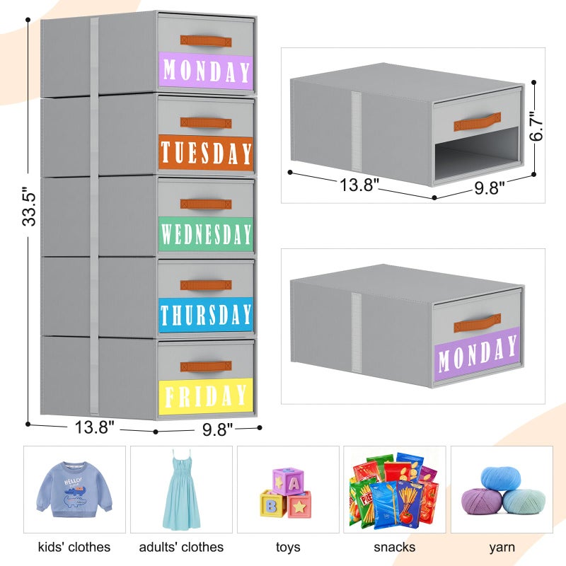 Easortm Stackable Storage Drawers - Pull Out Storage Bins with Drawers for Closet Clothes Organizers with Weekly Labels & Clear Window, Closet Shelf Storage for Bedroom, Living Room, 5 Pack, Grey - Image 2