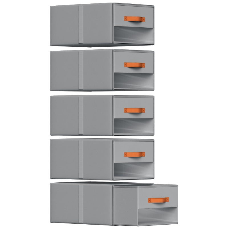 Easortm Stackable Storage Drawers - Pull Out Storage Bins with Drawers for Closet Clothes Organizers with Weekly Labels & Clear Window, Closet Shelf Storage for Bedroom, Living Room, 5 Pack, Grey - Image 1