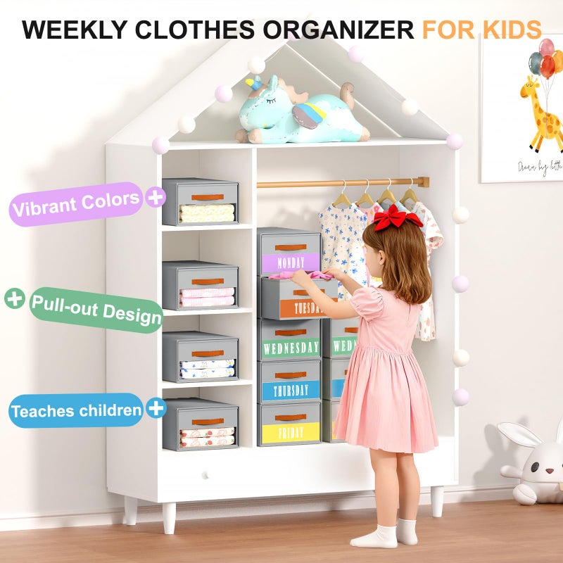 Easortm Stackable Storage Drawers - Pull Out Storage Bins with Drawers for Closet Clothes Organizers with Weekly Labels & Clear Window, Closet Shelf Storage for Bedroom, Living Room, 5 Pack, Grey - Image 5