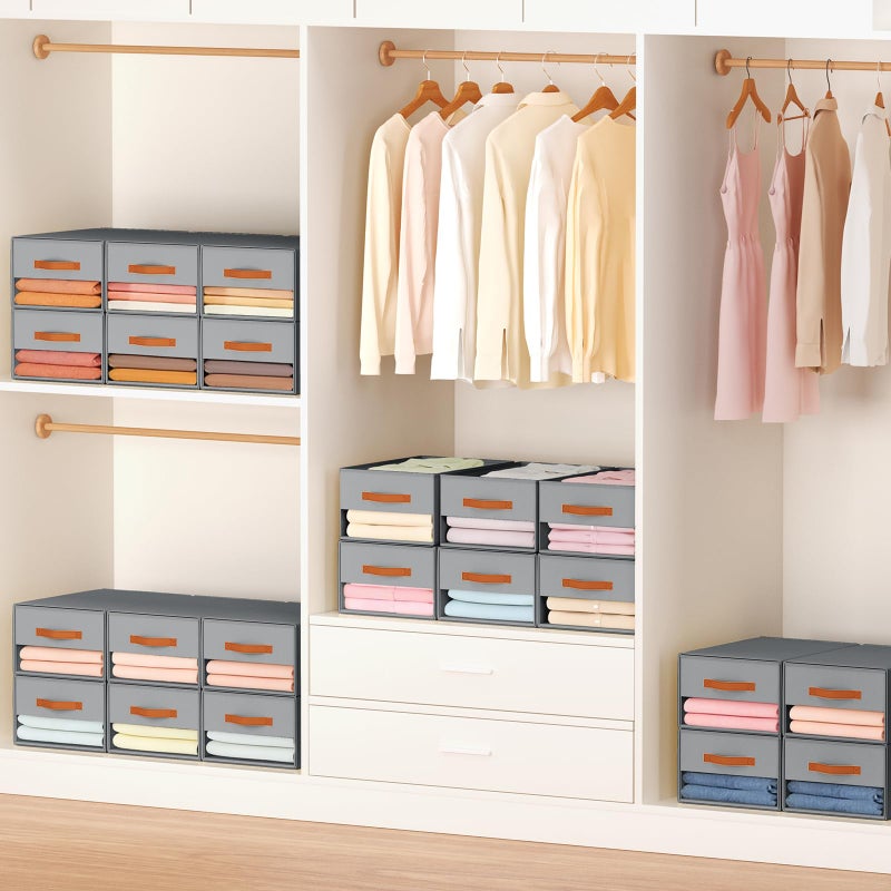 Easortm Stackable Storage Drawers - Pull Out Storage Bins with Drawers for Closet Clothes Organizers with Weekly Labels & Clear Window, Closet Shelf Storage for Bedroom, Living Room, 5 Pack, Grey - Image 4