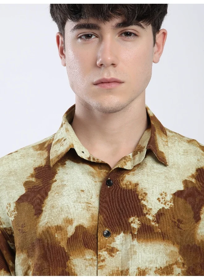 Beyoung Brown Tie and Dye Printed Shirt