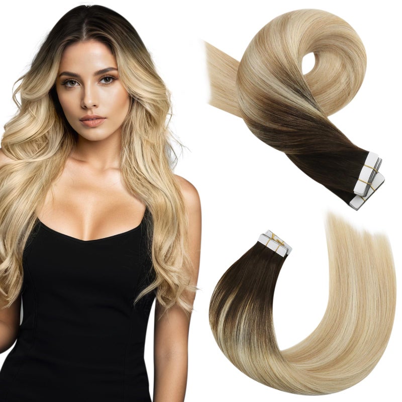 Moresoo Tape in Hair Extensions Ombre Blonde 16 Inch Tape in Extensions Human Hair 20pcs Remy Glue in Extensions 227613 Balayage Darkest Brown to Blonde Glue in Seamless Hair Extensions 50g