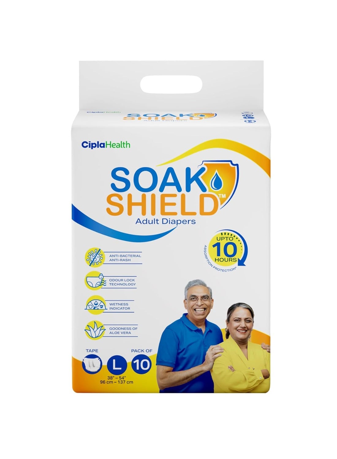 Cipla Soak Shield Premium Adult Diaper - Tape Style | Large (L) | 10 hr Absorption-Protection |AntiBacterial & AntiRash | Unisex with Wetness Indicator | Odour Control | Goodness of Aloe Vera | 10 Uni