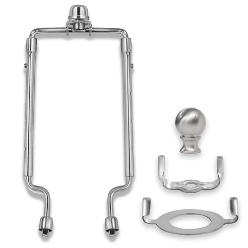 EMNOOTI 7 8 9 10 inch Lamp Shade Harp Holder,Adjustable Lamp Harp Kit,Fit Both Standard Lamp Rod and E26 Light Base UNO Fitter Adapter,with 2 Shade Attaching Finial Top (Silver Color - 1 Set) - Image 1